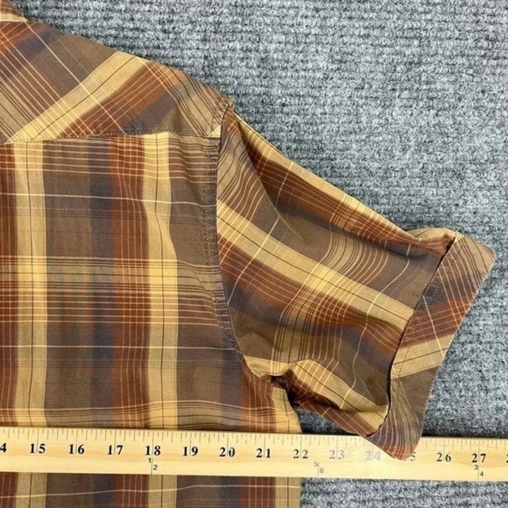 Banana Republic Western Shirt Mens M Brown Plaid Pearl Snap Short Sleeve Classic